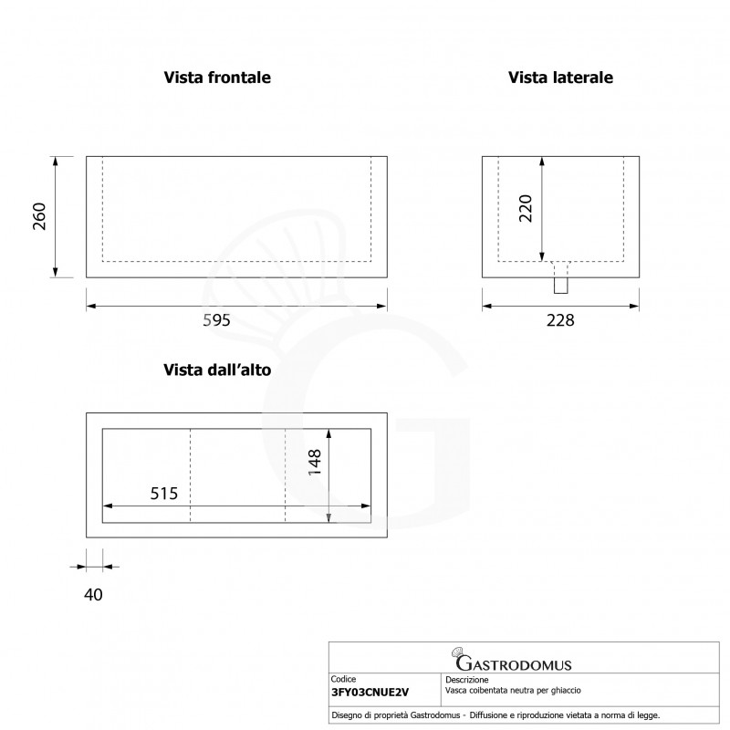 Cuba aislada neutra para hielo - L 228 x P 595 x H 260 mm
