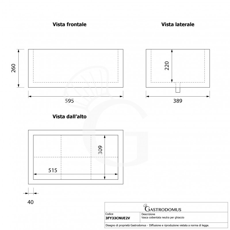 Cuba aislada neutra para hielo - L 228 x P 595 x H 260 mm