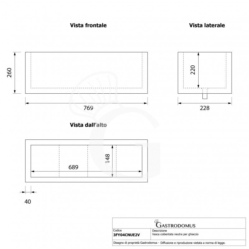 Cuba aislada neutra para hielo - L 769 x P 228 x H 260 mm