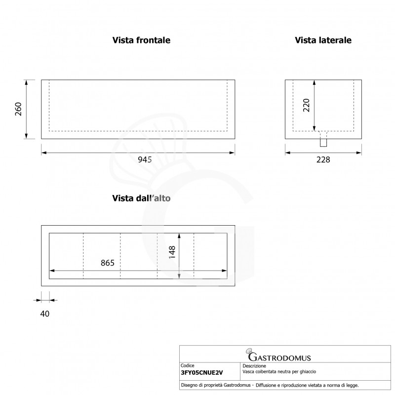 Cuba aislada neutra para hielo - L 945 x P 228 x H 260 mm