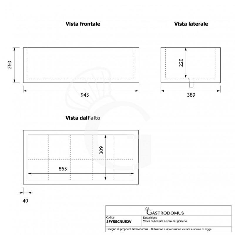 Cuba aislada neutra para hielo - L 945 x P 228 x H 260 mm
