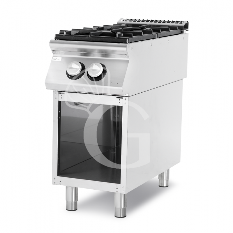 Cocina de gas profesional 2 fuegos con mueble abierto profundidad 900 mm