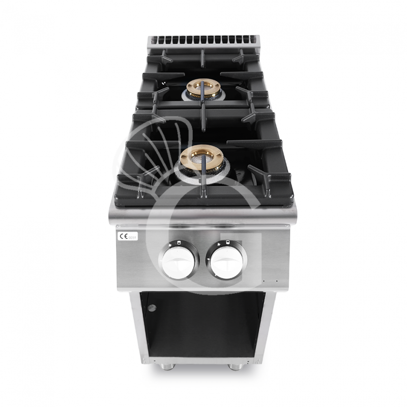 Cocina de gas profesional 2 fuegos con mueble abierto profundidad 900 mm
