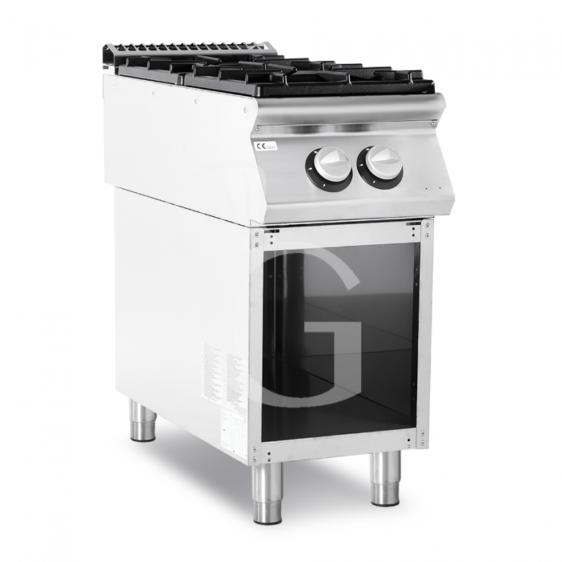 Cocina de gas profesional 2 fuegos con mueble abierto profundidad 900 mm