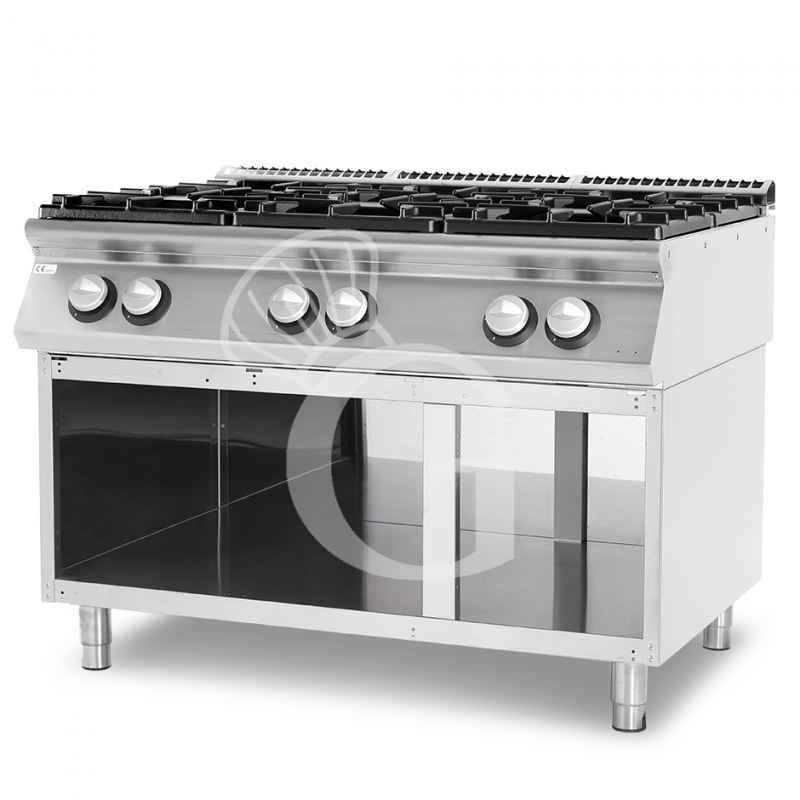 Cocina de gas profesional con 6 fuegos, armario abierto, profundidad 900 mm