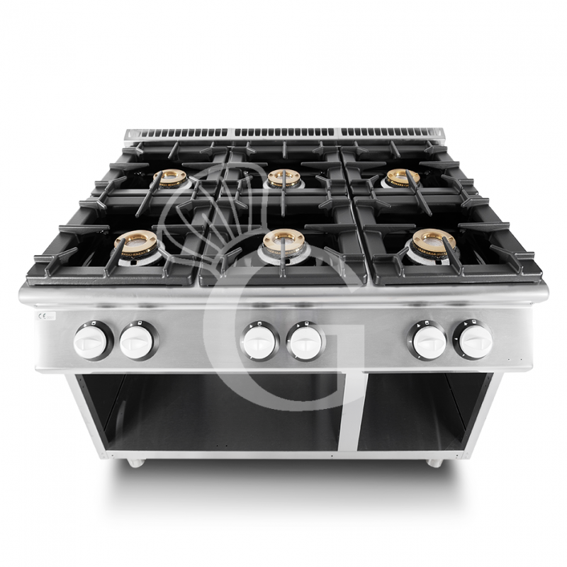 Cocina de gas profesional con 6 fuegos, armario abierto, profundidad 900 mm