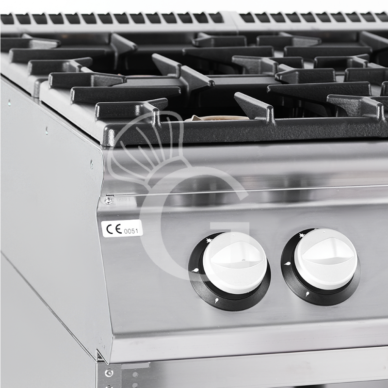 Cocina de gas profesional con 6 fuegos, armario abierto, profundidad 900 mm