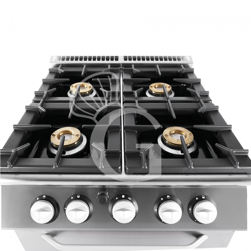 Cocina de gas profesional con 4 fuegos horno de gas, profundidad 900 mm