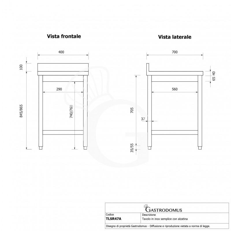 Mesa de acero inoxidable con peto trasero L 400 mm x P 700 mm x A 965 mm