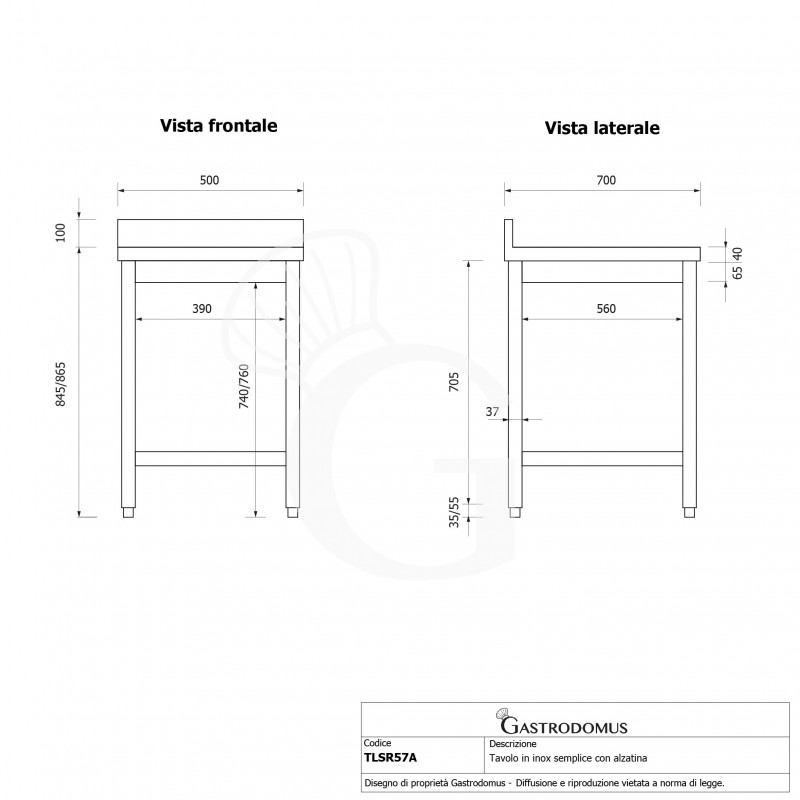 Mesa de acero inoxidable con peto trasero L 500 mm x P 700 mm x A 965 mm
