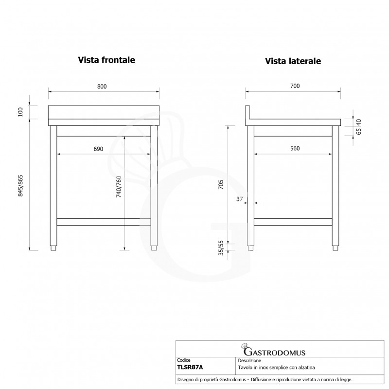 Mesa de acero inoxidable con peto trasero L 800 mm x P 700 mm x A 965 mm