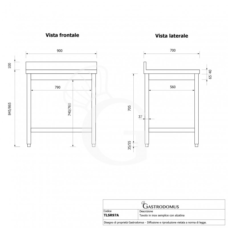 Mesa de acero inoxidable con peto trasero L 900 mm x P 700 mm x A 965 mm