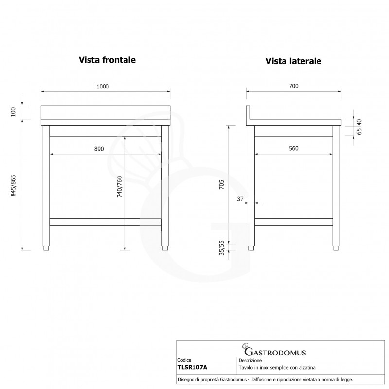 Mesa de acero inoxidable con peto trasero L 1000 mm x P 700 mm x A 965 mm