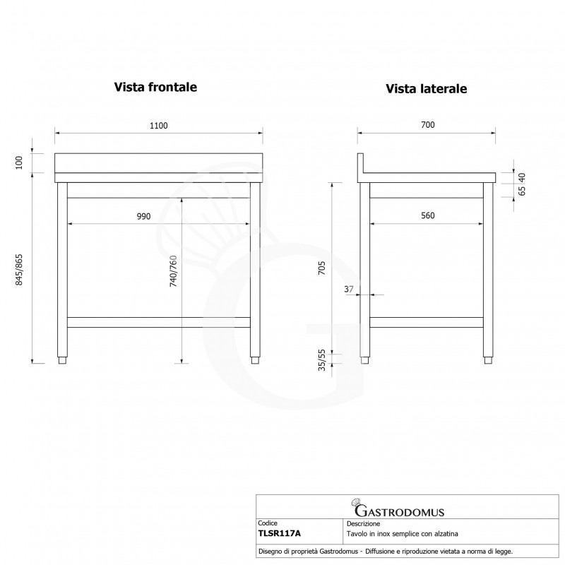 Mesa de acero inoxidable con peto trasero L 1100 mm x P 700 mm x A 965 mm