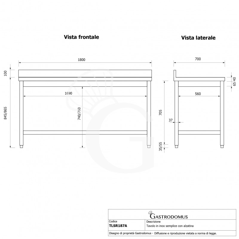 Mesa de acero inoxidable con peto trasero L 1800 mm x P 700 mm x A 965 mm