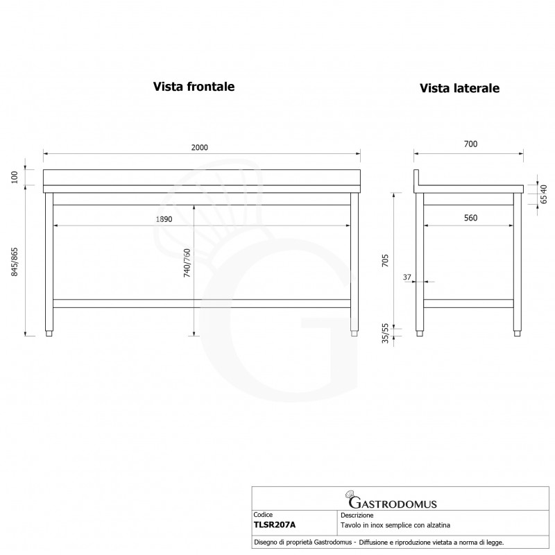 Mesa de acero inoxidable con peto trasero L 2000 mm x P 700 mm x A 965 mm