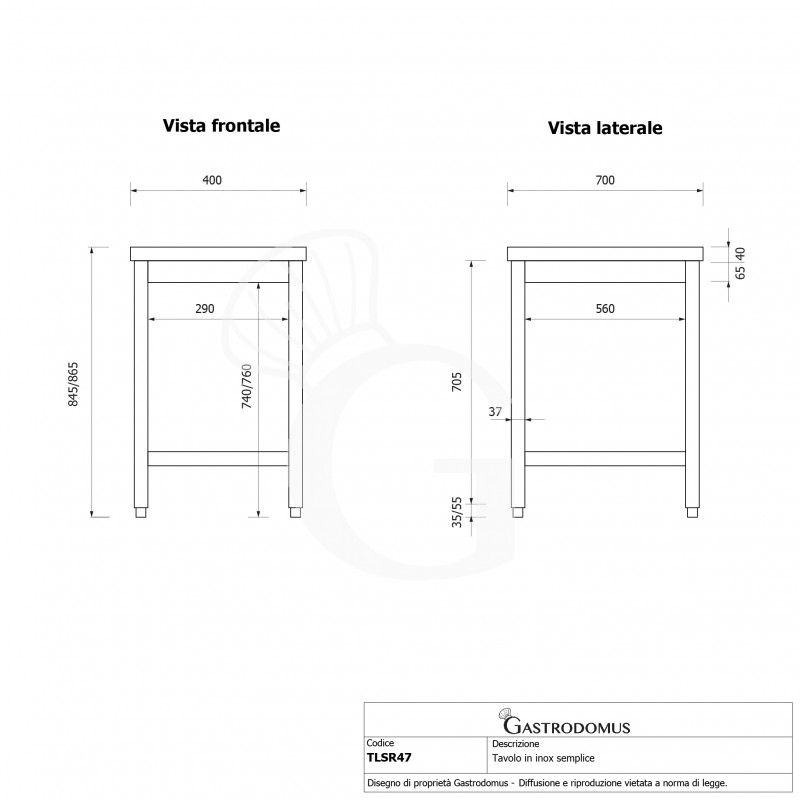 Mesa de acero inoxidable L 400 mm x P 700 mm x A 865 mm