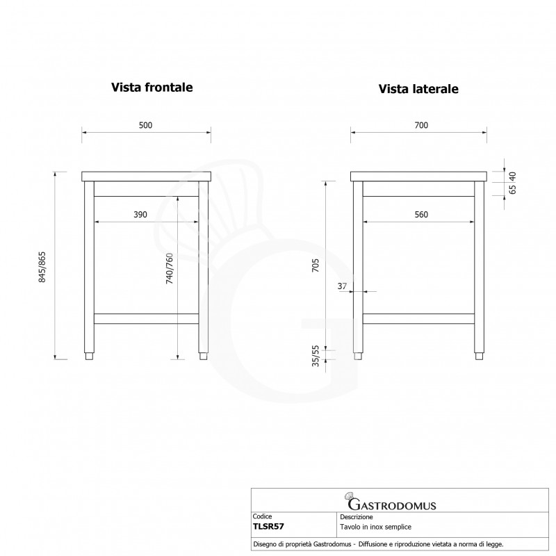 Mesa de acero inoxidable L 500 mm x P 700 mm x A 865 mm