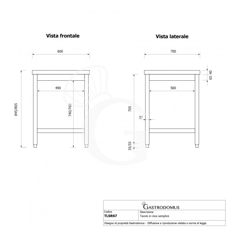 Mesa de acero inoxidable L 600 mm x P 700 mm x A 865 mm