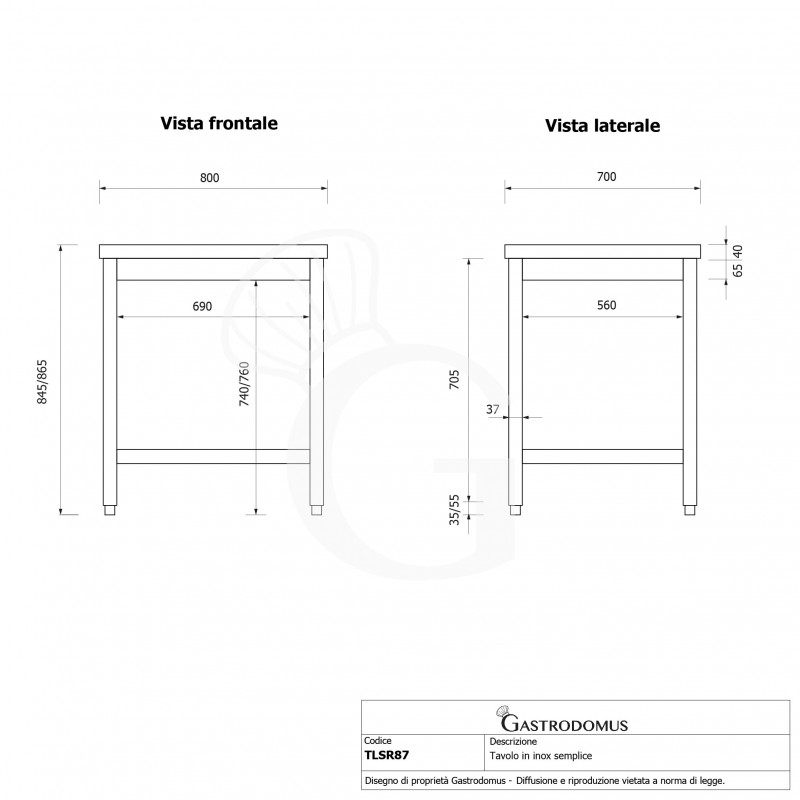 Mesa de acero inoxidable L 800 mm x P 700 mm x A 865 mm