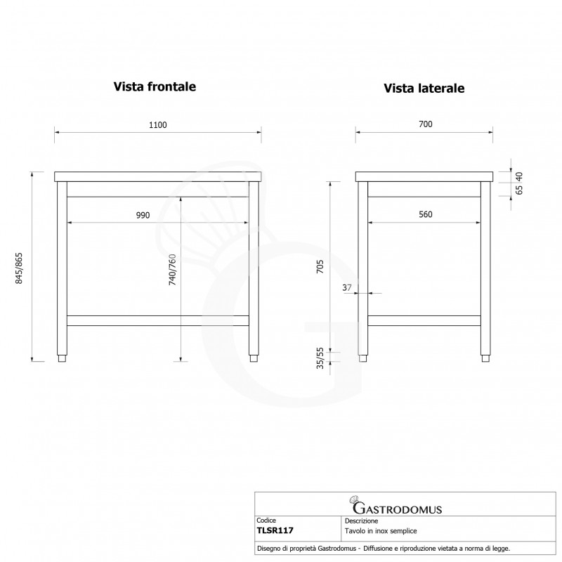 Mesa de acero inoxidable L 1100 mm x P 700 mm x A 865 mm