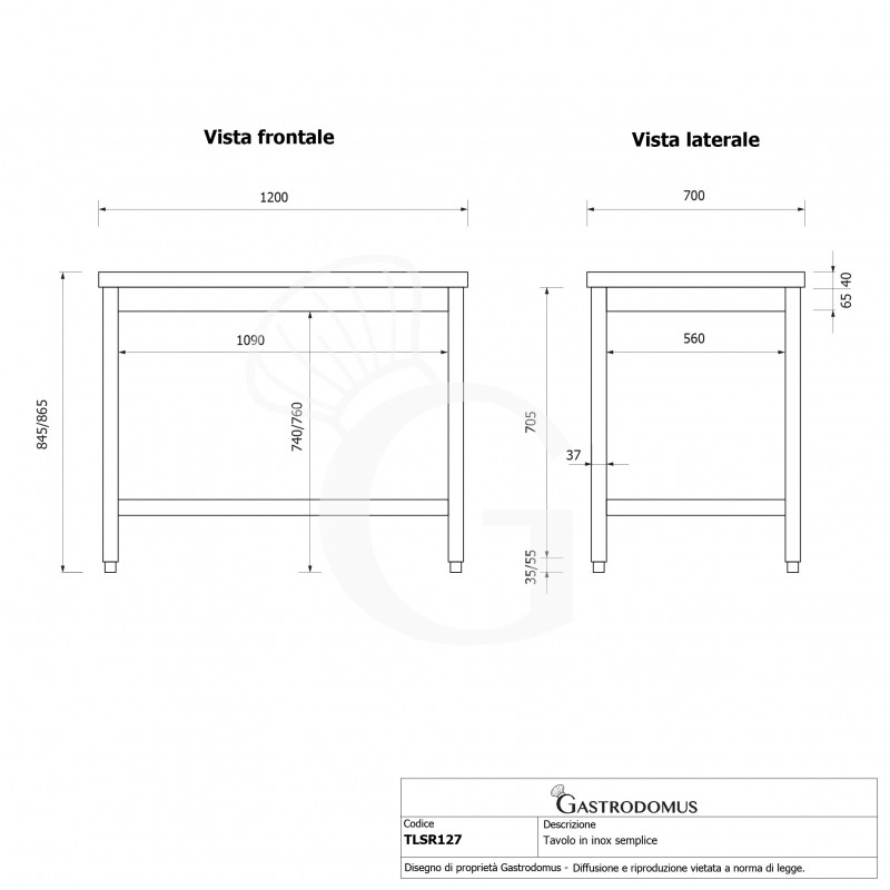 Mesa de acero inoxidable L 1200 mm x P 700 mm x A 865 mm