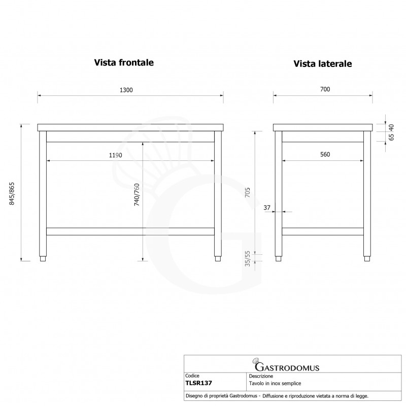 Mesa de acero inoxidable L 1300 mm x P 700 mm x A 865 mm
