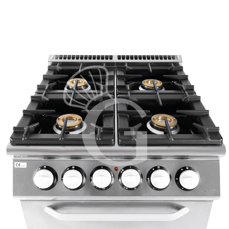 Cocina de gas profesional con 4 fuegos, horno eléctrico de convección profundidad 900 mm