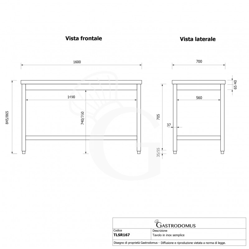 Mesa de acero inoxidable L 1600 mm x P 700 mm x A 865 mm
