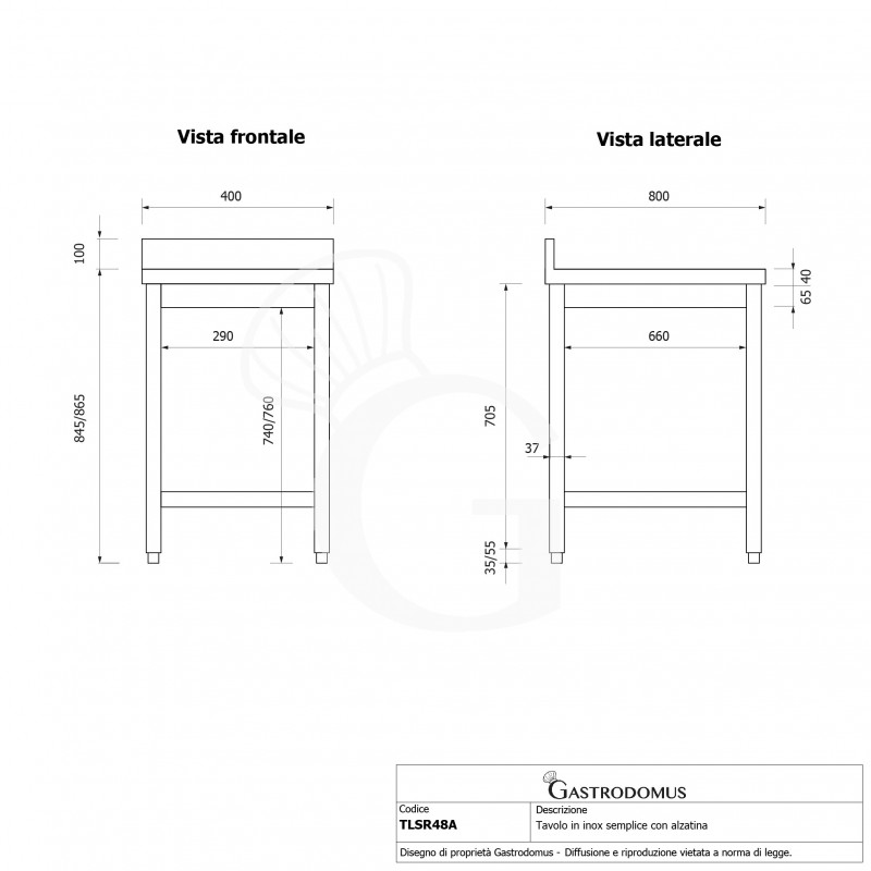 Mesa acero inox con peto L 400 mm x P 800mm x H 950 mm