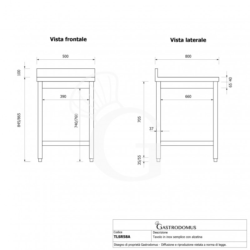 Mesa sencilla de acero inoxidable con peto y dimensiones de 500 mm de largo x 800 mm de profundidad x 965 mm de altura