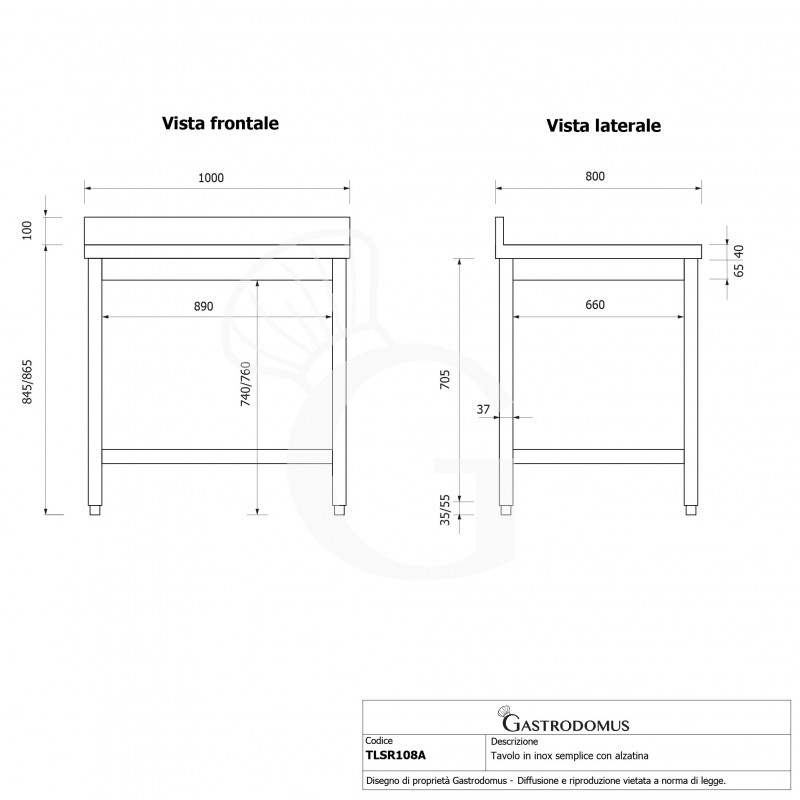 Mesa de acero inoxidable con peto trasero L 1000 mm x P 800 mm x A 965 mm