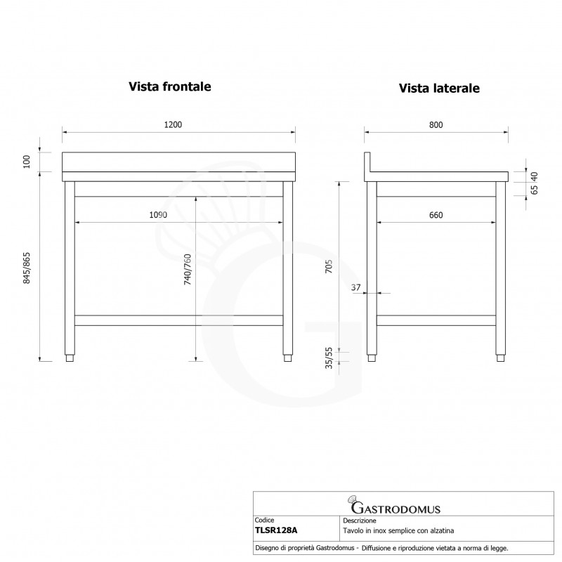 Mesa de acero inoxidable con peto trasero L 1200 mm x P 800 mm x A 965 mm