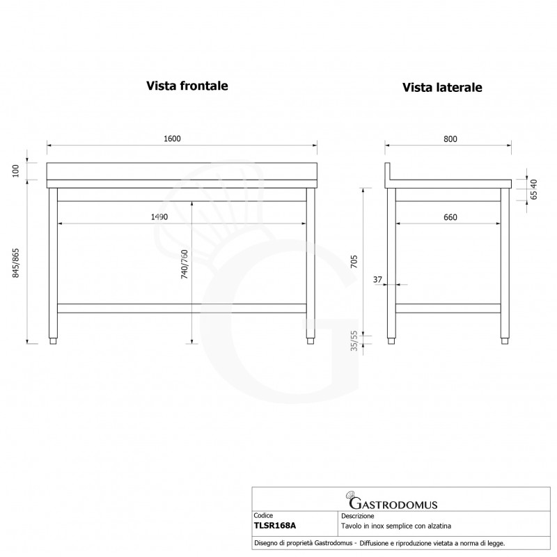 Mesa de acero inoxidable con peto trasero L 1600 mm x P 800 mm x A 965 mm
