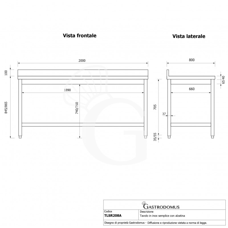 Mesa de acero inoxidable con peto trasero L 2000 mm x P 800 mm x A 965 mm