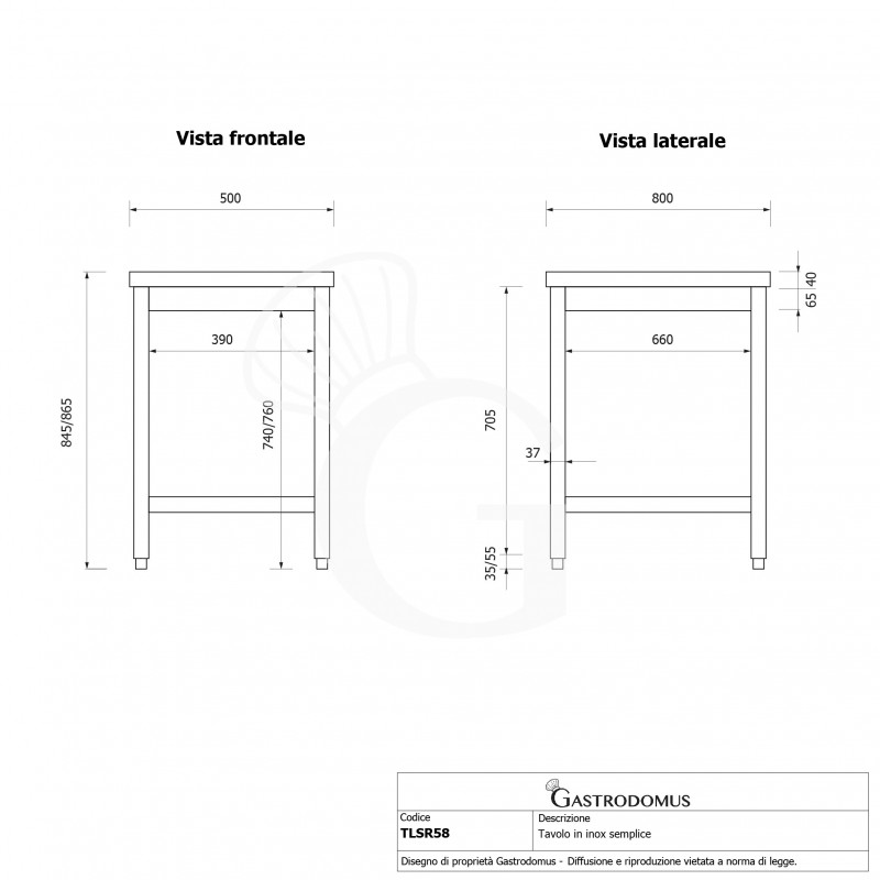 Mesa de acero inoxidable L 500 mm x P 800 mm x A 865 mm