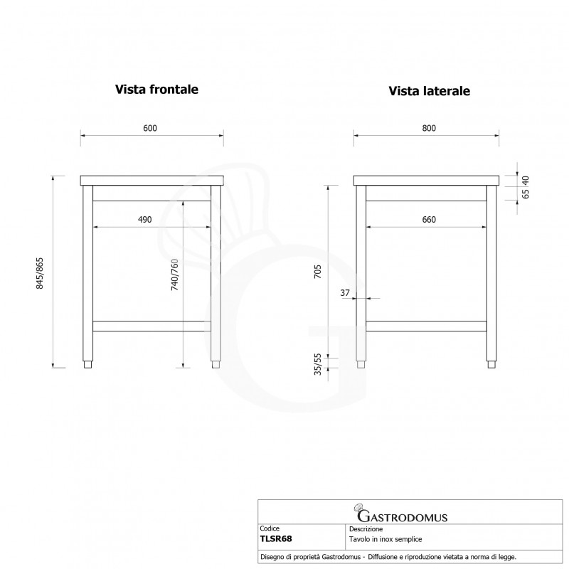 Mesa simple de acero inoxidable con dimensiones L 600 mm x P 800 mm x A 865 mm