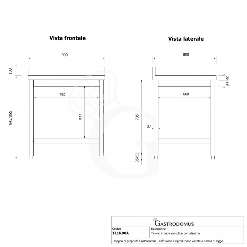 Mesa de acero inoxidable con estante inferior y peto L 900 mm x P 800 mm x A 965 mm