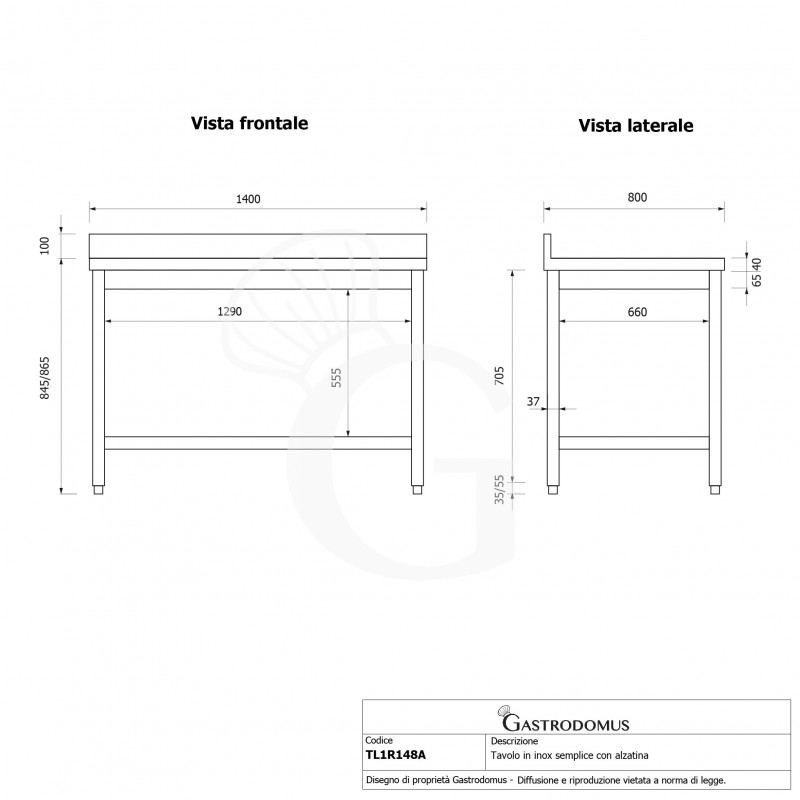 Mesa de acero inoxidable con estante inferior y peto L 1400 mm x P 800 mm x A 965 mm