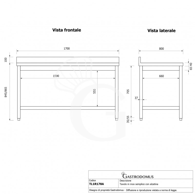 Mesa de acero inoxidable con estante inferior y peto L 1700 mm x P 800 mm x A 965 mm
