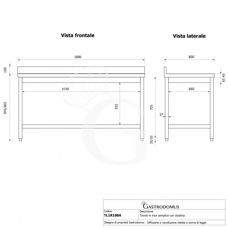 Mesa de acero inoxidable con estante inferior y peto L 1800 mm x P 800 mm x A 965 mm