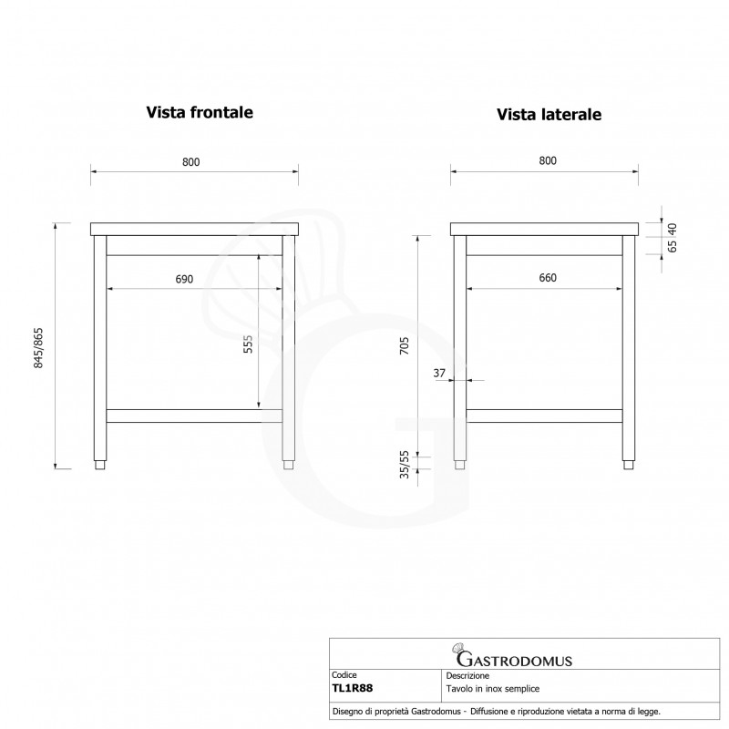 Mesa de acero inoxidable con estante inferior L 800 mm x P 800 mm x A 865 mm