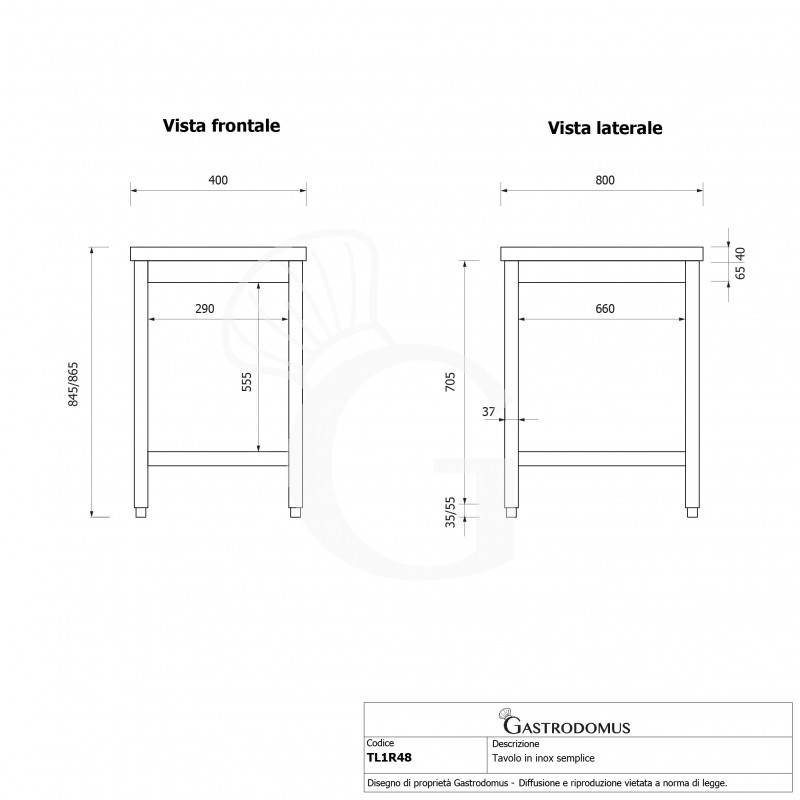 Mesa de acero inoxidable con 1 estante - L 400 × P 800 × H 865 mm