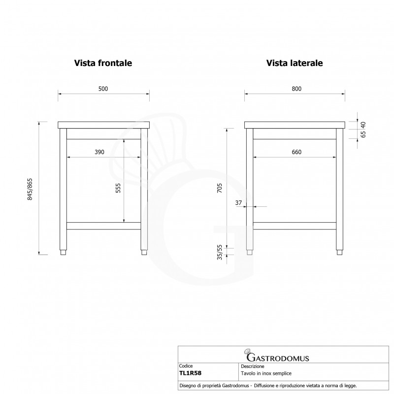 Mesa de acero inoxidable con estante inferior L 500 mm x P 800 mm x A 865 mm