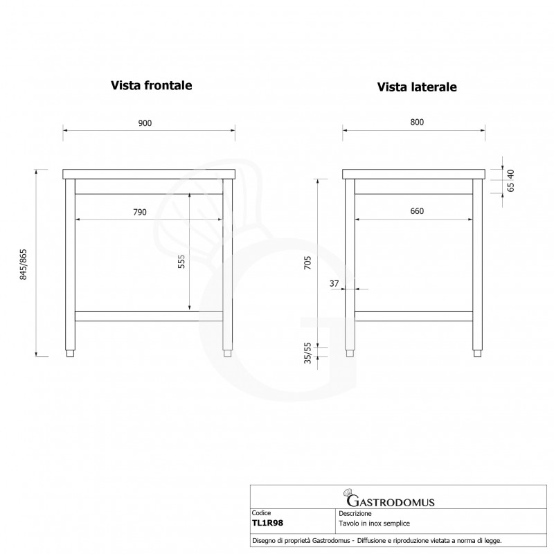Mesa de acero inoxidable con estante inferior L 900 mm x P 800 mm x A 865 mm