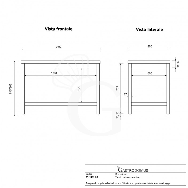 Mesa de acero inoxidable con estante inferior L 1400 mm x P 800 mm x A 865 mm