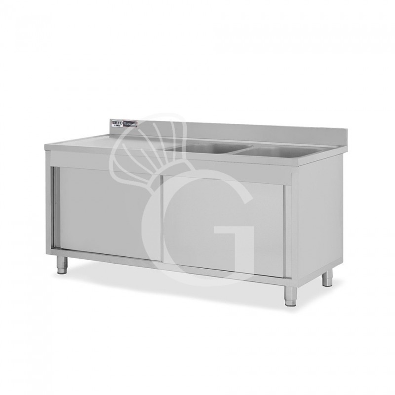 Fregadero con mueble de acero inox, 2 puertas, 2 cubetas, escurridor a la izquierda L2000xP700xA965-agujero para el grifo Ø32mm