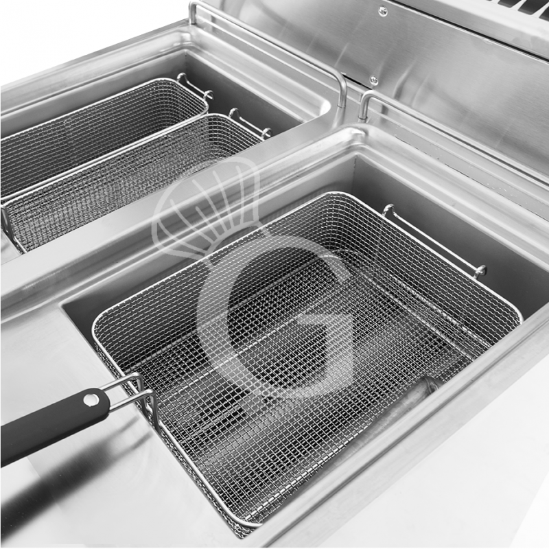 Freidora a gas sobre mueble con 2 cubas 22 LT + 22 LT 40 Kw