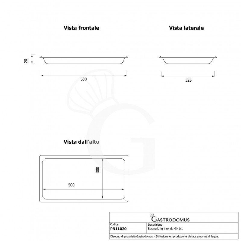 Bandeja rectangular de acero inox GN 1/1 L 530 mm x P 325 mm x H 20 mm.