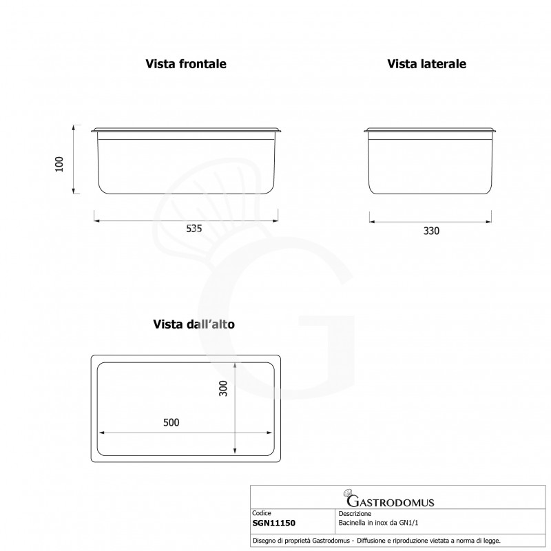 Cubeta de acero inoxidable GN 1/1 L 535 mm X P 330 mm X A 100 mm